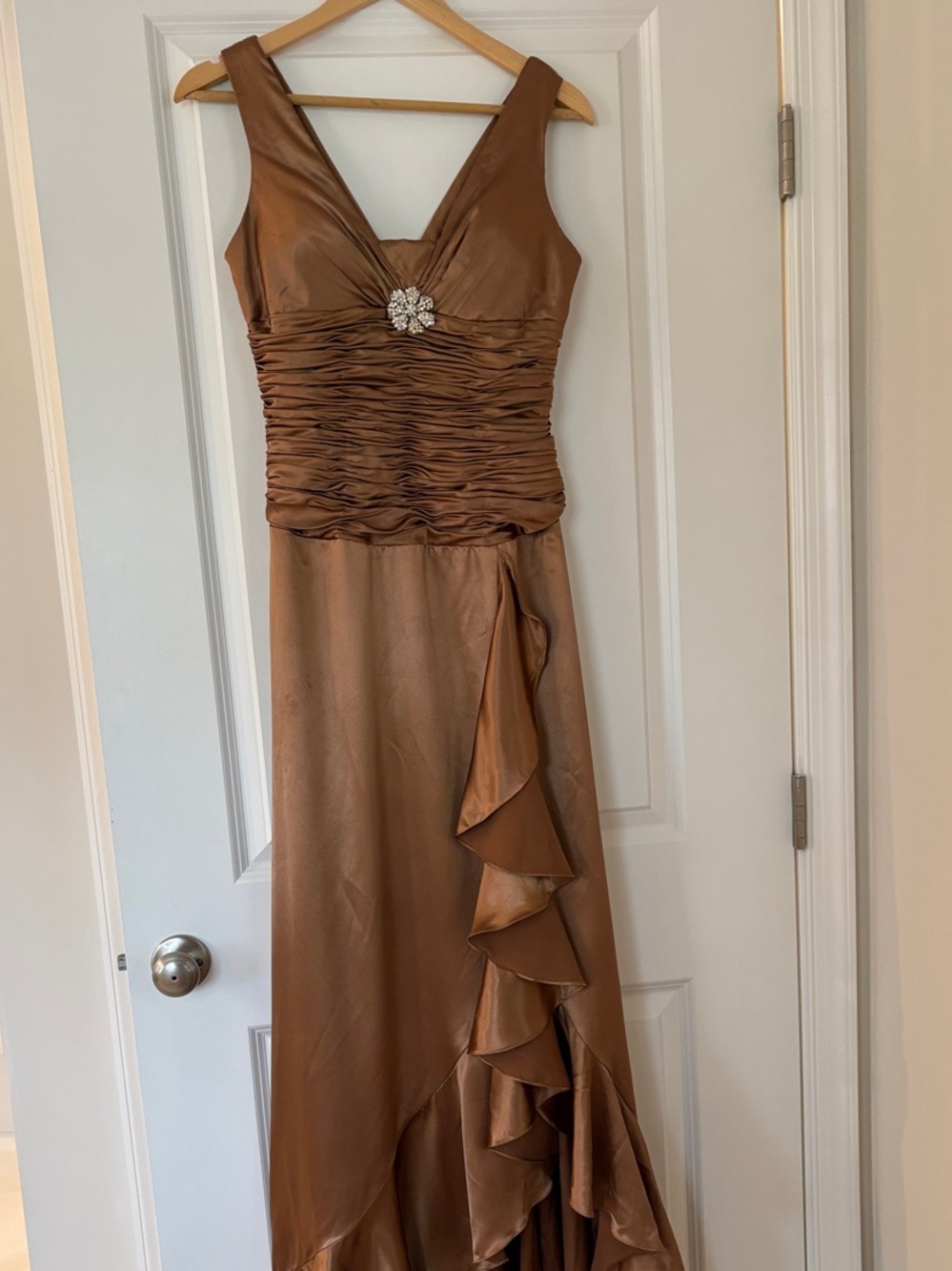 Custom Elegant Ruffle Bronze Satin Evening Dress